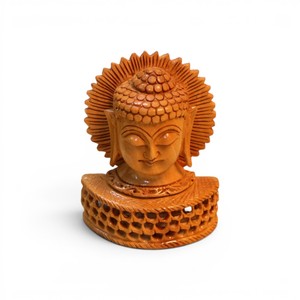 Estatua de Buda de madera hecha a mano con red de malla |   Escultura Decorativa de Cabeza de Buda |   Decoración Zen Asiática para el Hogar y la Oficina, Decoración Espiritual para Diwali - Product Image 3