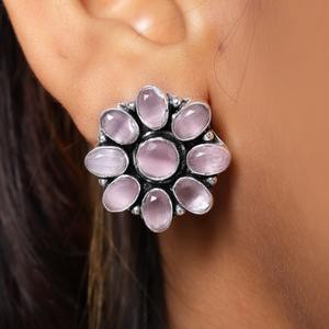 Pendientes Florales de Plata Oxidada con Gema Rosa, Gran Venta |   Pendientes Étnicos Boho al por Mayor, Joyería de Jaipur - Product Image 2
