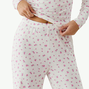Ensemble de pyjama en tricot floral rose pour femmes, sans manches, 100% soie, respirant, vêtements de nuit décontractés, longueur intégrale, taille élastique, printemps - Product Image 4
