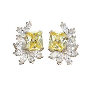 Luxury 925 Silver Fancy <b>Square</b> Faux Yellow <b>Diamond</b> CZ Stud <b>Earrings</b> Trendy Rhodium Plated - Product Image 1