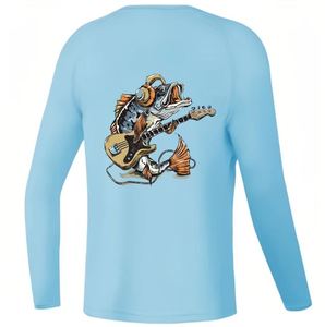 Camisa de Pesca Personalizada para Hombre, Manga Larga, Protección Solar UPF 50, Anti-UV, Estampada, 100% Poliéster, Diseño de Marlin Blanco y Gris - Product Image 1