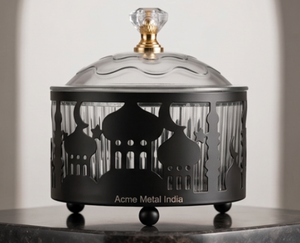 Acme Metal India - Tarro Redondo de Metal Negro con Tapa de Vidrio, Diseño Oriental, Acabado Pulido, Hecho a Mano en India - Product Image 1