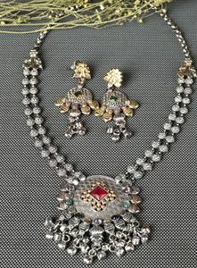 Antique Two Tone Gold Silver Plated Statement Necklace with Dangle Earrings <b>Indian</b> Wedding <b>Jewelry</b> <b>Set</b> - Product Image 2