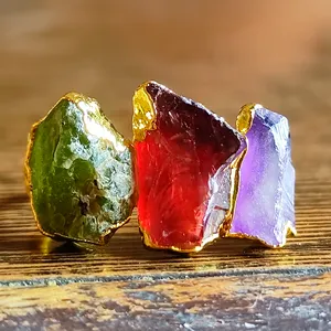 Перидот-Гранат Аметист тройной камень с золотыми платами кольца с камнем рождения от оптового производителя ювелирных изделий онлайн