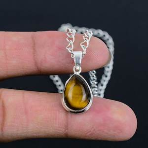 Collier pendentif œil de tigre naturel élégant et tendance, en argent sterling 925, ovale 8x10mm, fait main, bijou délicat et minimaliste, cadeau - Product Image 2