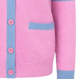Women Pink Blue V Neck Knit <b>Cardigan</b> Long Sleeve Button Front Contrast Stripe Sweater <b>with</b> <b>Pockets</b> Casual Soft Everyday Fashion - Product Image 5