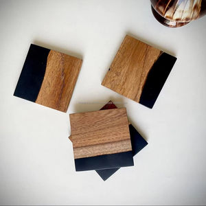 High Quality <b>Black</b> Texture Epoxy Wood <b>Coaster</b> Set with Square Design, Custom Logo Option for Modern Table Protection - Product Image 1