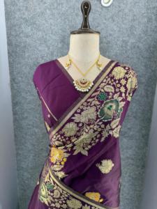 <b>Purple</b> Silk <b>Saree</b> With Gold Floral Embroidery Traditional Wedding Party Wear For Women India Pakistan Style - Product Image 6