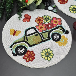 Set de dessous-de-plat perlés motif camion fleuri vintage, vert, style ferme, pour table de repas, décoration de table printanière, B2B en gros - Product Image 4