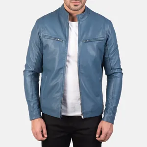 Sisa Apparels Mens Ionic Blue Genuine Leather Winter Breathable Stand Collar <b>Biker</b> <b>Jacket</b> - Product Image 1