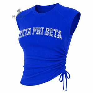 Zeta Phi Beta Sorority Women's Bling Rhinestone Ribbed Tank <b>Top</b> Ruched Side Crew Neck <b>Raglan</b> Cap Sleeve Casual Crop <b>Top</b> - Product Image 2