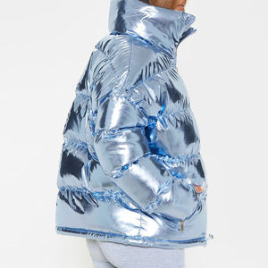 Doudoune à capuche pour femme, bleu métallisé, matelassée, coupe-vent, manteau d'hiver, fermeture éclair, coupe décontractée, épaisse, rembourrage en polyester - Product Image 2