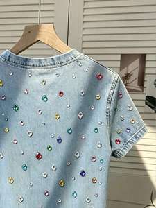 Denim <b>Sequined</b> Embellished Crew Neck Short Sleeve T-Shirt Regular Fit Casual Summer <b>Top</b> Natural Waist Sweet Style - Product Image 2