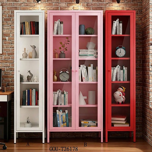 Mueble de acero moderno con estantería de MDF, puertas de vidrio y 5 estantes, gabinete de almacenamiento independiente. - Product Image 4