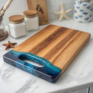 Tabla de cortar de madera de acacia y resina epoxi ecológica, rectangular, de 1.5 cm de grosor, con diseño de olas oceánicas, para servir queso. - Product Image 1