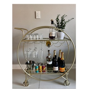 Modern Brass Circular Cocktail Bar Cart Tiered <b>Rolling</b> Liquor Storage <b>Rack</b> And Wine Bottle Holder for Dining Room - Product Image 1