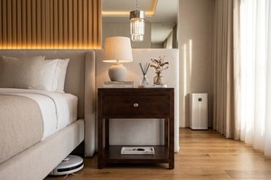 Brown Wood Smart Nightstand Side Table with Drawer Open Shelf Modern Bedside Cabinet for Bedroom - Product Image 3