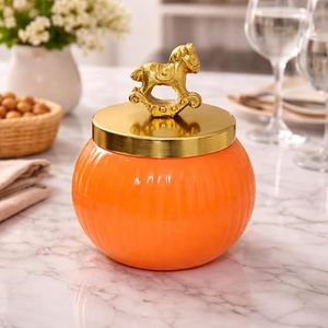 Pot de conservation alimentaire orange avec couvercle en forme de cheval doré, récipient de cuisine vintage, hermétique, préservation de la fraîcheur, design rond - Product Image 1