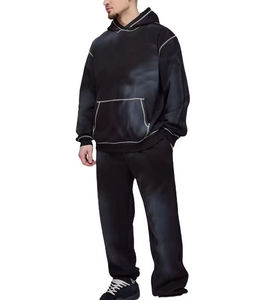 Ensemble de survêtement noir délavé à capuche, manches longues, couleur unie, coupe décontractée, respirant, en polyester, pour l'automne, avec poches latérales - Product Image 4