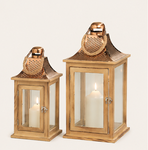 Handcrafted Rustic Wooden Candle Lantern with Copper Finish Metal Roof and Hemp <b>Rope</b> Handle Decorative Vintage Lantern - Product Image 1