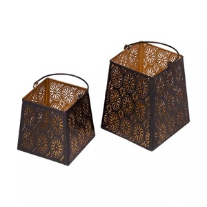 Iron <b>Lantern</b> <b>Set</b> With Floral Cutouts Black And Gold Home Decoration Durable Outdoor Indoor Use - Product Image 1