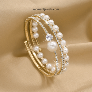 Luxury Freshwater Pearl <b>Bangle</b> <b>Bracelet</b> for Women Gold Silver Plated Round Pearl Rhinestone Charm <b>Bracelet</b> - Product Image 3