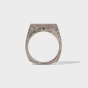 Art Deco Style Statement <b>Rings</b> 14k 18k Solid Gold Round Black Stone Engraved Personalized Minimalist Luxury Unisex Wedding Bands - Product Image 3