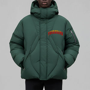 Customized Men's Green Puffer Jacket Hooded Zipper Closure Flame Logo Windproof <b>Thick</b> <b>Winter</b> <b>Coat</b> Casual Style Regular Fit - Product Image 1