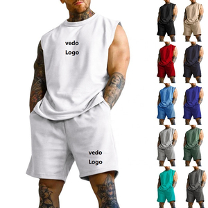 Conjunto de pantalones cortos para hombre con logo personalizado, mezcla de algodón y poliéster, sudadera sin mangas, pantalones cortos, 2 piezas, camisetas sin mangas y ropa deportiva para hombre OEM - Product Image 1
