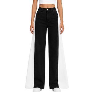 Jean large noir personnalisé pour femme, taille haute, en denim bicolore, style décontracté streetwear, pantalon tendance coupe ample - Product Image 1
