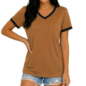 Women's Brown V-Neck Short Sleeve T-Shirt with Pocket Casual Organic Cotton Fleece Breathable <b>Top</b> Spring Summer Wear - Product Image 4