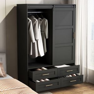 Armadio Alto per Camera da Letto con Asta Appendiabiti, Ante Scorrevoli, Cassetti e Ripiani Aperti per Organizzazione e Conservazione Vestiti - Product Image 6