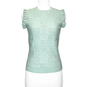 เสื้อสเวตเตอร์ถักไหมพรมสีเขียวมิ้นท์สำหรับผู้หญิง แขนกุด คอกลม แต่งระบายที่ไหล่ ลายปักแบบโปอินเทล สวมใส่สบายๆ สำหรับฤดูใบไม้ผลิ - Product Image 1