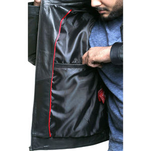 Veste moto en cuir véritable pour homme, col rabattu, fermeture éclair, coupe ajustée, tenue décontractée d'automne, noir - Product Image 6