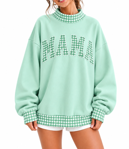 Wholesale <b>Women</b>’s <b>Christmas</b> Mock Neck <b>Sweatshirt</b> Custom Gingham Plaid Patchwork Embroidered Letter Oversized Casual Fleece - Product Image 1