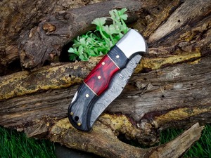 Cuchillo Plegable de Acero de Damasco Personalizado, Grado Industrial, para Camping, Hoja de Borde Recto, Mango de Madera, Funda de Cuero, ODM/OBM - Product Image 3