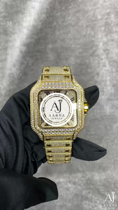 Montre-bracelet mécanique de style mode, couleur or, cadran en cristal, bracelet, boîtier carré, aspect diamant - Product Image 1