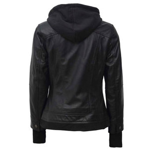 Women's Black Leather Bomber <b>Jacket</b> with Removable Hoodie - Real Lambskin Slim Fit Biker <b>Jacket</b> with Thumbhole Cuffs - Product Image 2