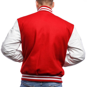 <b>Men's</b> Red <b>White</b> Varsity <b>Jacket</b> Preppy Style Regular Fit Turn-down Collar Button Closure Polyester Cotton Shell - Product Image 2