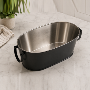 Moderna Bañera Ovalada de Acero Galvanizado Negro Mate con Asas Laterales, Vajilla Metálica Bicolor para Vino, Bodas y Fiestas - Product Image 5
