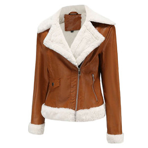 <b>Women's</b> Genuine <b>Leather</b> Stand Collar Waterproof Breathable High Street Winter <b>Moto</b> Biker Style Bomber <b>Jacket</b> with Zipper Closure - Product Image 1