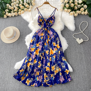 Vestido Camisero Sexy con Cuello en V Estilo Vacaciones en la Playa para Mujer, Verano, Sin Mangas, Floral, Largo, de Gasa, Tejido, Cintura Natural, Dulce - Product Image 3