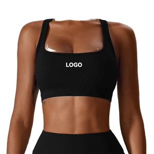 Women's Backless Halter Sports Bra-Solid Black Square Neck Medium Support Quick Dry Printed Front Back Logo Four-Way Stretch - Product Image 1