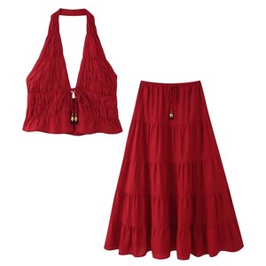 <b>Red</b> Breathable Woven <b>Lace</b> up Back Hollow Out Casual Summer Halter Tank <b>Tops</b> for Women - Product Image 4