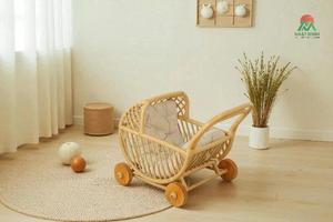 Cochecito de bambú para bebé con ruedas, estructura de ratán natural para niños de 0 a 3 años, carrito de juguete. - Product Image 5