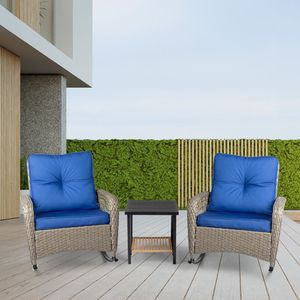 Sedia a dondolo in rattan grigio con schienale spesso e cuscino blu - Product Image 6