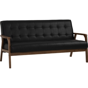 Scandinavian Triple Seat PU Coach with Walnut <b>Wooden</b> <b>Frame</b> Fabric Modern Rectangular <b>Sofa</b> for Minimalist Apartment - Product Image 1