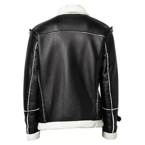 Custom <b>Men's</b> Black Faux <b>Leather</b> Shearling <b>Jacket</b> Winter Bomber Coat OEM Wholesale Manufacturer - Product Image 2