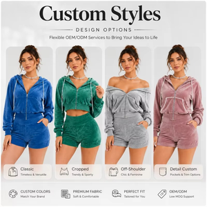 Ensemble de survêtement en velours pour femme, sweat à capuche et short, manches longues, fermeture éclair sur le devant, 2 pièces, décontracté, couleur unie, toutes saisons - Product Image 4