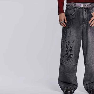 Vaqueros de mezclilla de hombre de cintura alta y pierna ancha, lavados a la piedra, con bordado a mano, estilo streetwear, de algodón, corte holgado, para otoño 2026 - Product Image 6